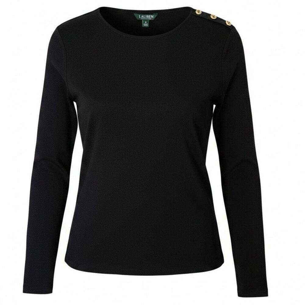 Lauren Ralph Lauren Black Long Sleeve Knit Top Size XL Gold Buttons Minimalist